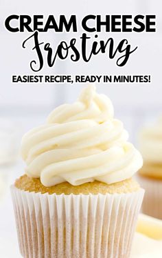 a cupcake with cream cheese frosting on top and the words, easy recipe ready in minutes