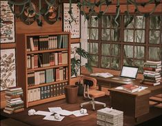 a computer desk with books and papers on it