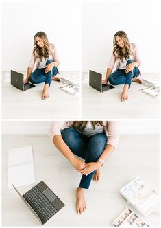 a woman sitting on the floor with her laptop