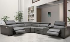 a large grey sectional sofa in an empty room with potted plants on the floor