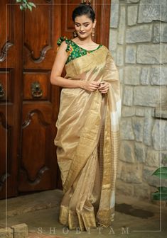 Gorgeous Handwoven Maheshwari Tissue Saree in Gold -Sandalwood with Mi – Shobitam House Of Blouse, Yellow Saree, Buy Linen, Half Saree