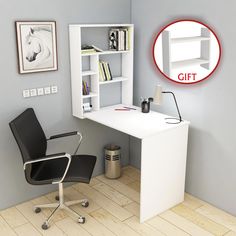 a white desk with a black chair next to it and a red circle sign that says gift