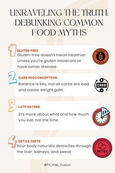 Unravel the truth about common food myths in our latest post. Discover why gluten-free doesn’t always mean healthier, and learn about the misunderstood relationship between carbs and weight gain. We’ll also debunk the myth about eating late at night and weight gain, and shed light on the effectiveness of detox diets. Lastly, we’ll address the misconception about microwaving food and nutrient loss. Join us as we bust these myths and promote a balanced, informed approach to nutrition and health Detox Diets, Food Myths, Nutrition And Health, Eating At Night, Chemical Structure, Wax Strips, Gluten Sensitivity, Gluten Intolerance, Shed Light