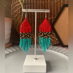 Beautiful Bohemian Tassel Earrings Red Bohemian Tassel Earrings, Red Beaded Earrings With Latkans For Gift, Adjustable Red Bohemian Tassel Earrings, Red Tassel Earrings For Beach, Red Beaded Drop Earrings With Latkans, Traditional Red Tassel Earrings For Festival, Red Traditional Tassel Earrings For Festival, Red Drop Earrings With Latkans, Red Tassel Earrings With Colorful Beads For Festivals