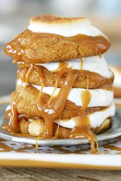 a stack of ice cream sandwiches with caramel drizzle