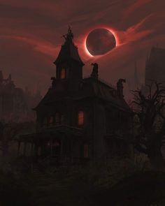 an old house with a blood moon in the sky