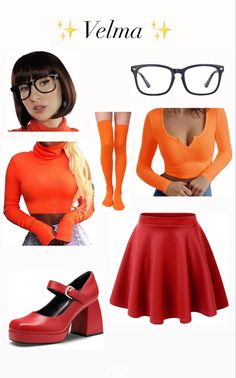 a woman in an orange top and red skirt with glasses on her head, wearing high heels