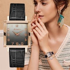 $25.00 A way to say that you are different.This watch with a square design also has a beautiful leather strap of high quality.It will give you the touch of elegance and discretion that you are looking for and you will wear it on any occasion.But be careful! It will still attract attention on you ;) Product specifications: Features: Square case with leather strap Movement: Quartz Water Resistance: NO Dial Window Material Type: Hardlex Dial Diameter: 28mm without crown Trendy Rectangular Quartz Watch, Trendy Formal Watch With Rectangular Dial, Elegant Black Square Watch, Trendy Rectangular Watch With Leather Strap, Trendy Rectangular Watches With Leather Strap, Elegant Watches Women, Square Watches, Cartier Watches Women, Watches Women Black