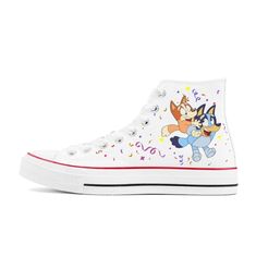 Bluey Converse, Casual Lace-up Sneakers For Birthday, White High-top Sneakers For Birthday, Fun High-top Sneakers For Birthday, Casual High-top Sneakers For Birthday, White Canvas Shoes With Rubber Sole, Bluey Shoes, Age Balloons, Bluey Stuff