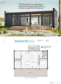 the floor plan for a tiny house with glass windows and sliding doors on both sides