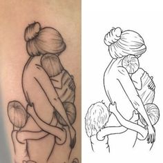 two different tattoos on the same person's arm, one with a woman holding a baby