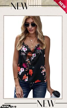 Floral Print Cowl Neck Spaghetti Straps Tank Top Spring Printed Cami Tops, Trendy Printed Spaghetti Strap Top, Printed Cami Tops For Spring, Trendy Printed Top With Spaghetti Straps, Trendy Floral Print Camisole Top, Summer Printed Tops With Spaghetti Straps, Summer Printed Cami Top, Black Spaghetti Strap Summer Tops, Summer Printed Camisole Top