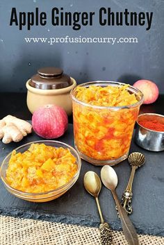 an image of apple ginger chutney in bowls with spoons and utensils