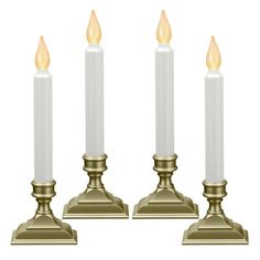 three white candles with gold bases and one light on each candle is in the same position