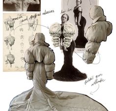 a woman in a dress is looking at pictures and drawings on the back of her jacket