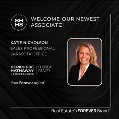 a black and white business card with the words welcome our newest associate kate nicholason sales professional sarasoa office