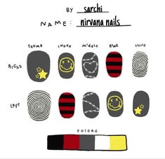 Nirvana Nail Design, Pierce The Veil Inspired Nails, Grunge Nails Easy, Nirvana Nail Art, Rockstar Nail Designs, Nail Ideas Drawings, Mcr Nails, Busy Nails, Nail Designs Grunge