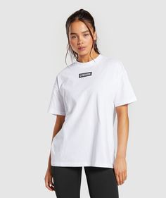 Gymshark Block Oversized T-Shirt - White White Workout T-shirt With Logo Print, White Letter Print T-shirt For Training, Casual Training T-shirt With Logo Print, White Short Sleeve Training Top, White Short Sleeve Top For Training, White Gym Top With Branding, Functional White T-shirt For Workout, White Workout Top With Text Print, White Sportswear Tops With Branding