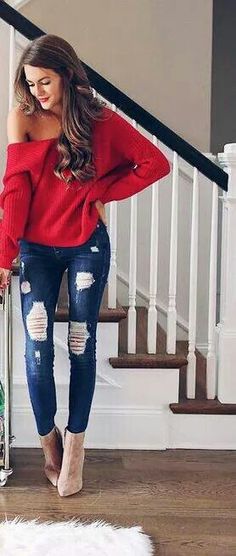 Winter Sweater Outfits, Fall Trends Outfits, Red Knit Sweater, Outfit Jeans, Red Sweater, Trend Fashion, Style Outfits