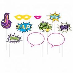 a set of six photo booth props with comic masks and speech bubbles in the shape of pop art