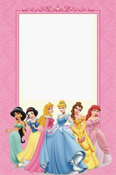 a group of princesses standing in front of a pink background with a white frame