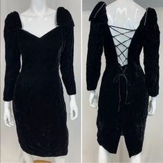 A Stunning And Rare True Vintage Find! Made In The Usa 1980’s Black Velvet Cocktail Dress Lace Up Corset Style Back Black Velvet Fabric Rhinestone Embellished Bow Details On The Shoulders Sweetheart Neckline Fully Lined In Very Good Condition. Please Note This Is A Vintage Women’s Size 12, Runs Small. Fits More Like A Small In Modern Day Sizes. Measurements Taken Laying Flat: Underarm To Underarm: 17" Waist: 15" Hips: 20" Length From Shoulder To Hem: 39" Lace Up Corset Back, Black Velvet Cocktail, Black Velvet Fabric, Velvet Cocktail Dress, Lace Up Corset, Corset Back, Rhinestone Bow, Cocktail Dress Lace, Vintage Women