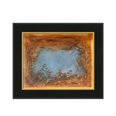 an image of a painting with blue and brown colors on the bottom, in a black frame