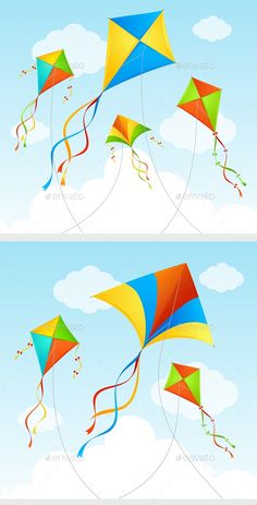 two kites flying in the sky with clouds and blue sky behind them - objects illustrations