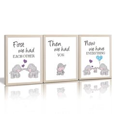 three cards with elephants and hearts on them, one saying first we had each other