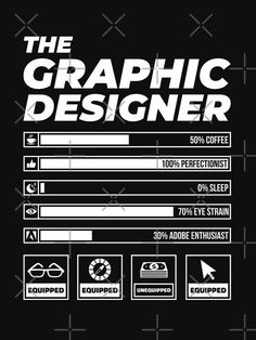 the graphic designer info sheet is displayed on a black background with white letters and symbols