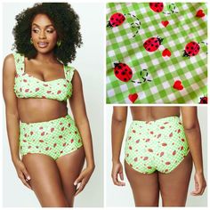 ---Full Measurements Below- Same Day Shipped! - *Listing Is For Bikini Bottoms Only Unique Vintage Gingham And Ladybug Print Bikini Bottoms High Waist Lace Trim Under Waistband Full Mesh Lining Full Coverage Sold Out Style Color Way Stretchy Colors: Green, White, Red, Black Fabric: Nylon & Spandex Condition: Brand New With Tags Measurements Approximately: Waist 27" Stretches Up To 35" Hips 32.5" Stretch Up To 40" Front Rise 12.5" Back Rise 12.5" *Will Ship Same Day- From Los Angeles *Smoke & Pet Summer Strawberry Print Swimwear, Spring Strawberry Print Swimwear, Fitted Strawberry Print Swimwear For Poolside, Strawberry Print Swimwear For Spring Beach, Spring Strawberry Print Swimwear For Beach, Retro Gingham Swimwear For Summer, Fitted Gingham Playful Swimwear, Playful Gingham Swimwear For Spring, Fitted Pinup Bottoms For Summer