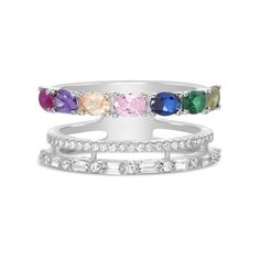 Lesa Michele Rainbow Cubic Zirconia Layer Band Ring in Sterling Silver Luxury Rainbow Sterling Silver Jewelry, Crossover Ring, Ring Sterling Silver, Tennis Bracelet, Gold Plated Sterling Silver, Sterling Ring, Band Ring, Rose Gold Plates, Band Rings