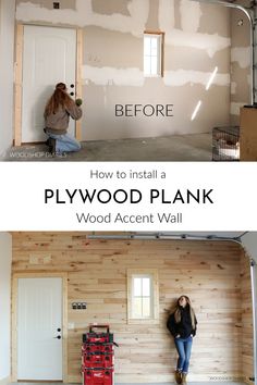 two photos with the words how to install a plywood plank wood accent wall in front of