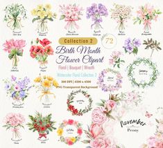 a bunch of flowers that are on top of a white sheet with the words birth month flower clipart