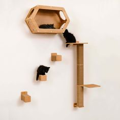 two cats playing in a cat tree made out of cardboard boxes and wooden shelves,