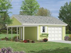 this is a computer rendering of a garage with flowers in the front and side yard