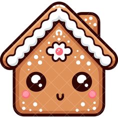 a gingerbread house with snow on the roof and eyes, is shown in cartoon style