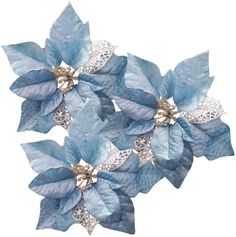 three blue flowers with silver leaves on them