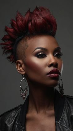 Want to make a statement? The Bold Dark Red Mohawk is a striking way to showcase your unique style while adding a vibrant hue. This hairstyle is perfect for the daring woman. Click for tips on achieving this fabulous look! #DarkRedMohawk #HairTrends #BoldStyles #BlackWomenHair #HairInspo #MohawkStyles Red Mohawk, Mohawk Styles, Protective Styles