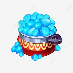 a bowl filled with blue ice cubes on top of a white background, cartoon, illustration png and psd