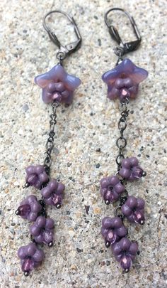 Glass Flower Earrings, Spring Garden Wedding, Fairy Festival, Long Chain Earrings, Festival Earrings, Chain Earring, Lilac Lavender, Garden Jewelry, Retro Jewelry