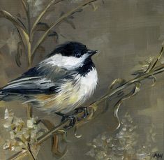 a painting of a bird sitting on a branch