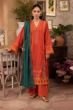 Zellbury Shirt Shalwar Dupatta 1136 Signature Summer Collection 2024 Red Printed Lawn Suit For Wedding, Red Cotton Lawn Suit For Festivals, Traditional Orange Lawn Suit For Summer, Orange Lawn Suit With Printed Motifs For Summer, Red Lawn Suit With Digital Print For Summer, Orange Printed Lawn Suit For Summer, Orange Embroidered Lawn Suit With Long Sleeves, Embroidered Orange Lawn Suit With Long Sleeves, Embroidered Red Lawn Suit For Spring