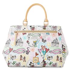 a handbag with mickey mouse and other disney characters on the front, in white