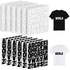 four t - shirts with the word world printed on them, all in black and white