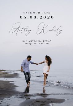 an image of a couple holding hands on the beach with their wedding date printed in black