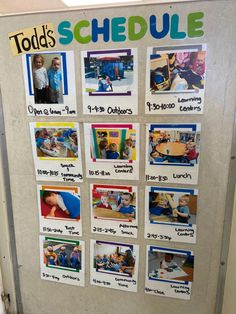 a bulletin board with pictures of toddlers on it and the words todd's schedule