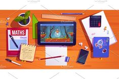 an overhead view of a desk with various school supplies including books, pencils and paper