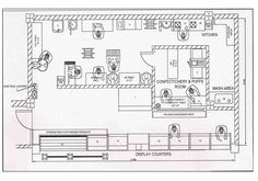 the floor plan for a restaurant with different seating areas and kitchen appliances, including an oven