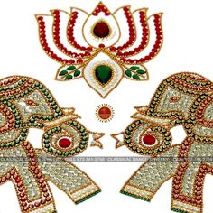 Design by Classical Dance Jewelry® ❥ Product Details: Designer Kundan Rangoli Elephants lotus set for Diwali Puja Festivals ❥ Material : Acrylic sheet ❥ Color: Rainbow and Gold ❥ Beautiful Kundan Rangoli Elephants lotus set is used for Dilwali decor, Dussehra, Bathukamma, Durga maa puja, weddings, Housewarming, return gifts, Golu ❥❥❥❥ Set includes ❥ 2 Elephants ❥ 1 Lotus ❥❥❥❥ Size of the Elephants : 9 by 7 Inch (Approximately) ❥❥❥❥ Size of the lotus : 6 by 5 Inch (Approximately) ❇️ Kundan Rangol Traditional Gold Sets For Diwali, Gold Sets With Traditional Patterns For Diwali, Traditional Drape Sets For Puja And Diwali, Traditional Drape Sets For Diwali Puja, Bollywood Style Sets With Motifs For Diwali, Gold Sets With Motifs For Diwali, White Festival Celebration Sets, Temple Jewelry Sets For Festivals, Festive Sets With Motifs For Navratri